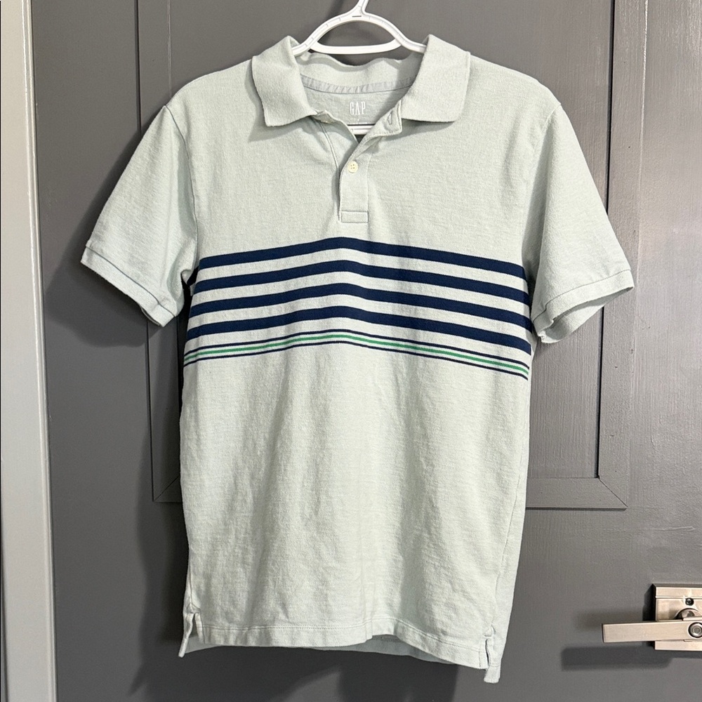 GAP Men's Light Green Polo with Navy and Green Stripes